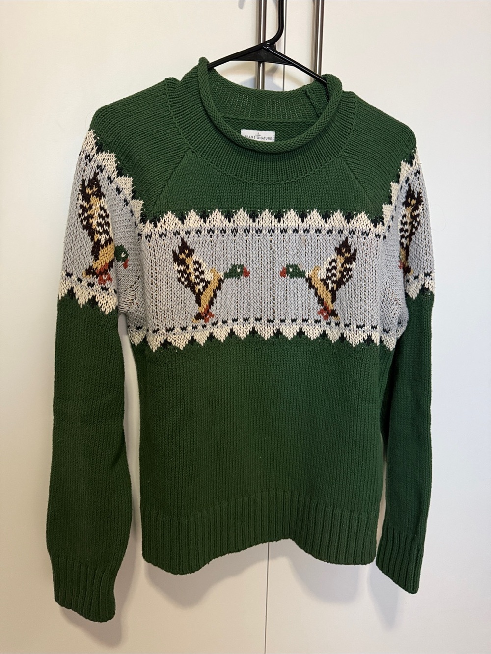 LL Bean Signature Green Mallard Duck Fair Isle Roll Neck Sweater- Medium